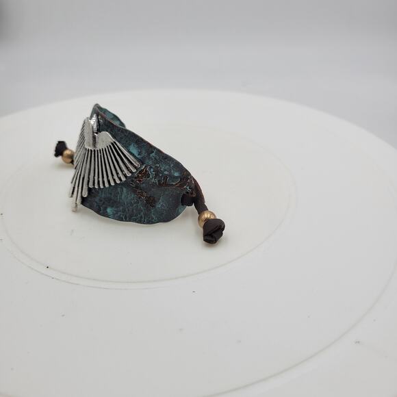 Vtg Native Thunderbird Cuff Bracelet 9" Hammered Green Silver Leather Phoenix - Picture 5 of 12